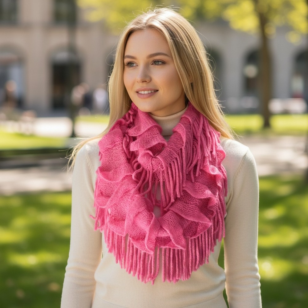 Pink Ruffle Fringe Infinity Scarf Knit Loop Circle Scarf Boho Textured Fringe